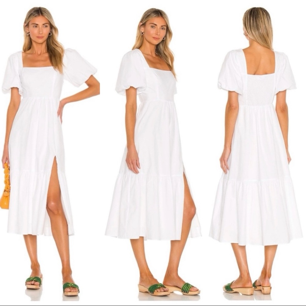 ASTR The Label White Poplin Cottagecore Puff Sleeve Tiered Dress Size Medium